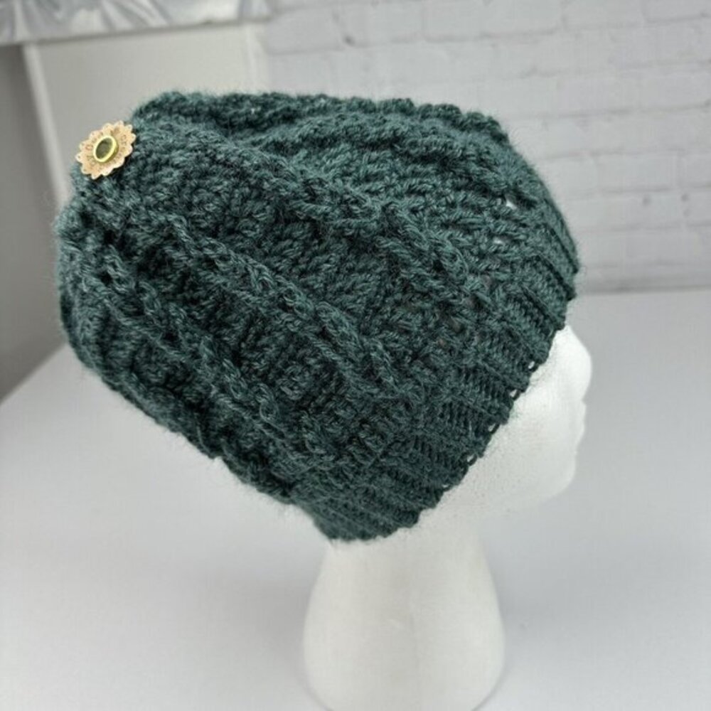 Created by Cyd Handcrafted Alpine Green‎ Cable Knit Beanie Hat Artisanal NEW